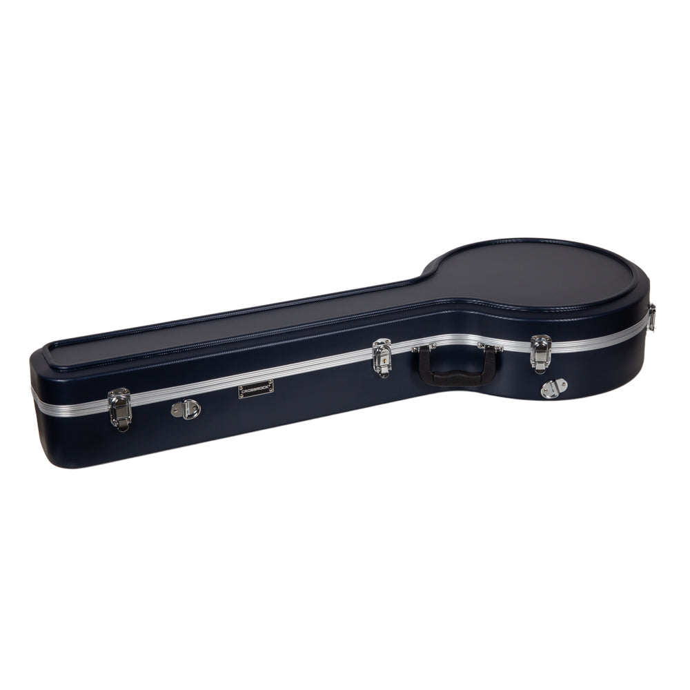 Crossrock CRA861BJBL dark blue banjo case lying flat and closed, showing the latches and carry handle.