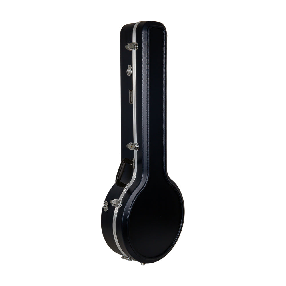 Crossrock CRA861BJBL dark blue ABS banjo case standing upright, closed, with silver trim and side handle.