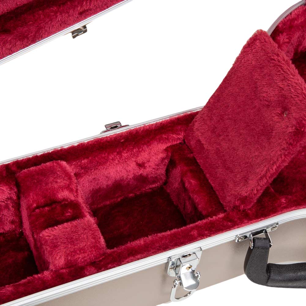 Inside the Crossrock CRA861BJCH banjo case, the lidded accessory compartment beside the red plush neck support.