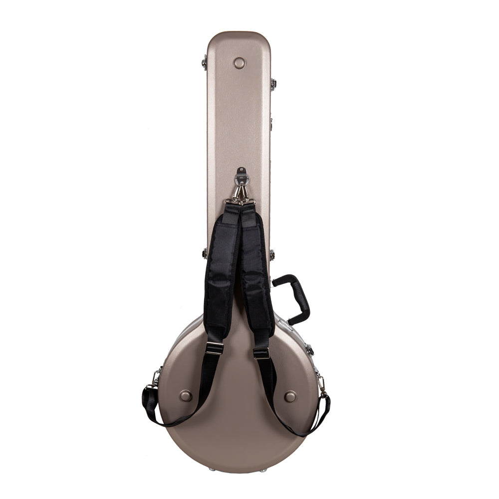 Back of the champagne Crossrock CRA861BJCH banjo case with the padded backpack straps attached.