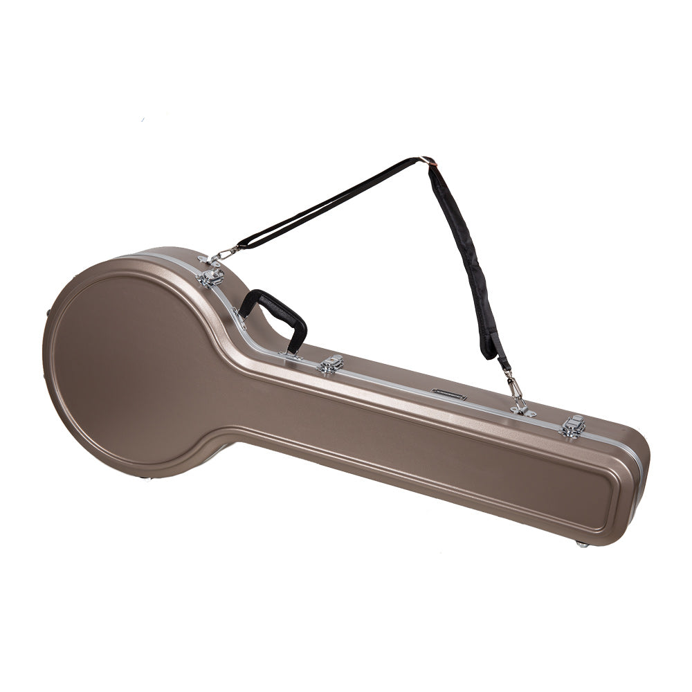 Crossrock CRA861BJCH champagne banjo case lying closed with a strap attached across the top.