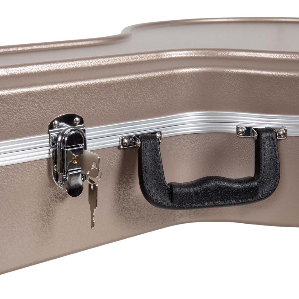 Close-up of the black handle and keyed metal latch, with keys, on the champagne Crossrock CRA861BJCH shell.