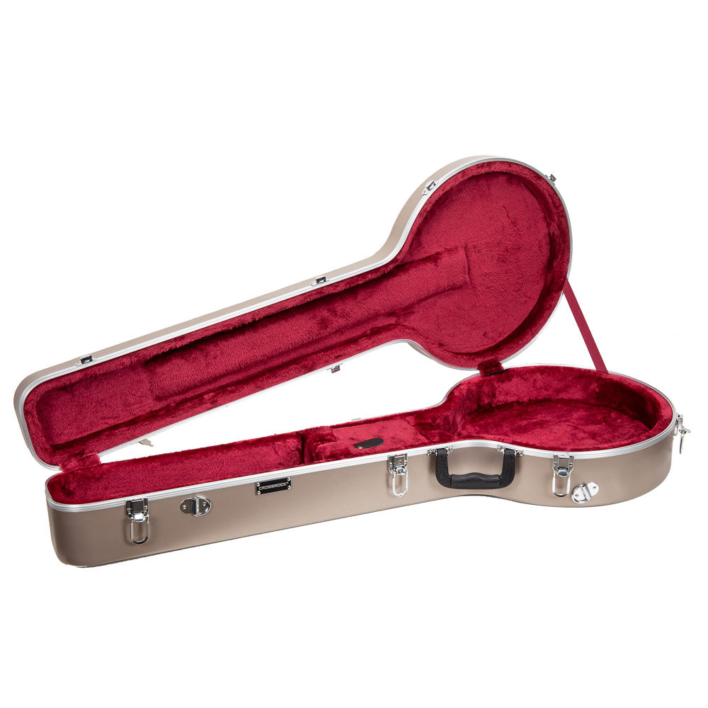 Empty Crossrock CRA861BJCH banjo case open, showing the red plush interior and neck cradle.