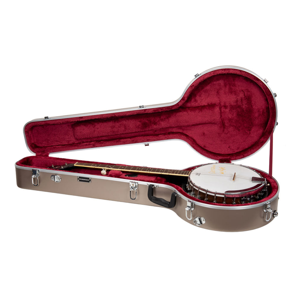 Crossrock CRA861BJCH champagne banjo case open with a resonator banjo seated in the red plush interior.