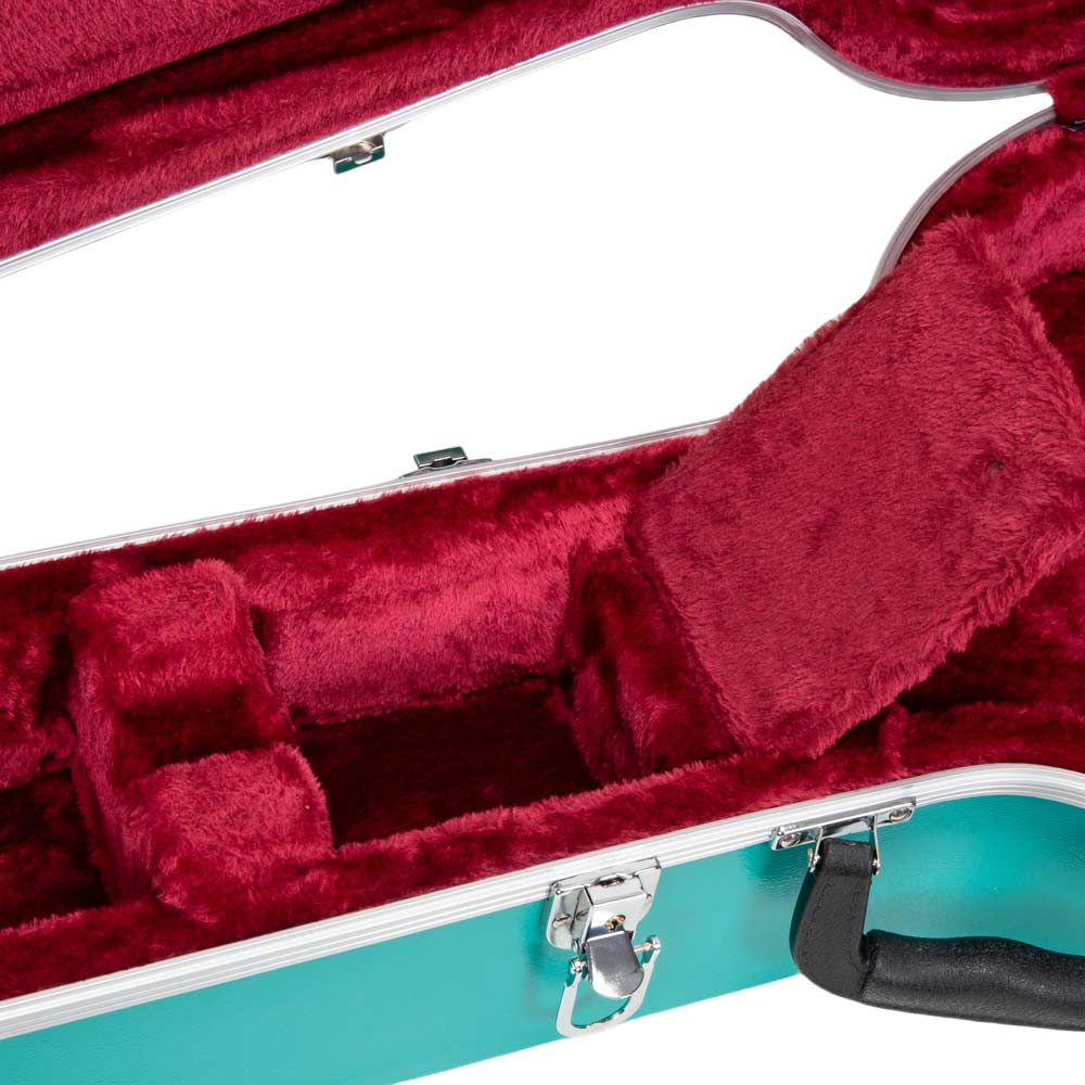 Inside the Crossrock CRA861BJMB banjo case, the lidded accessory compartment beside the burgundy plush neck support.