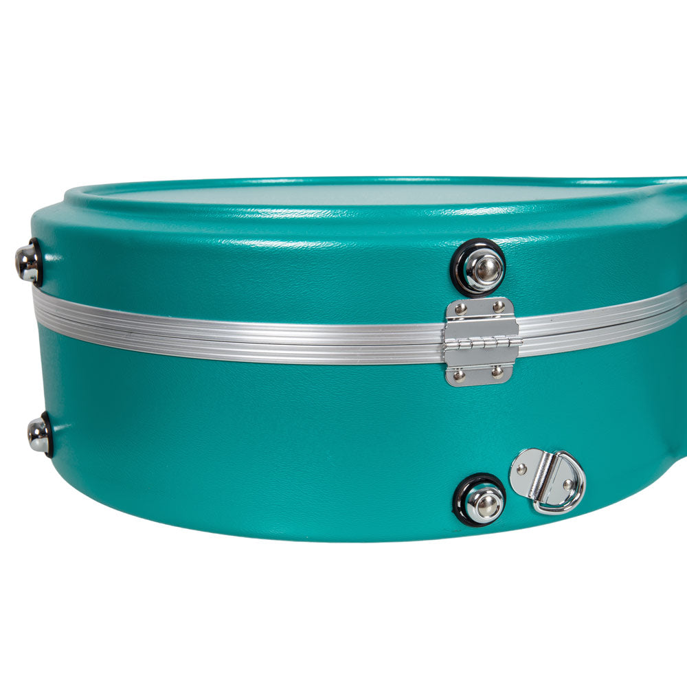 Close-up of the round body end of the mint blue Crossrock CRA861BJMB showing the silver trim, hinge, and strap mounts.