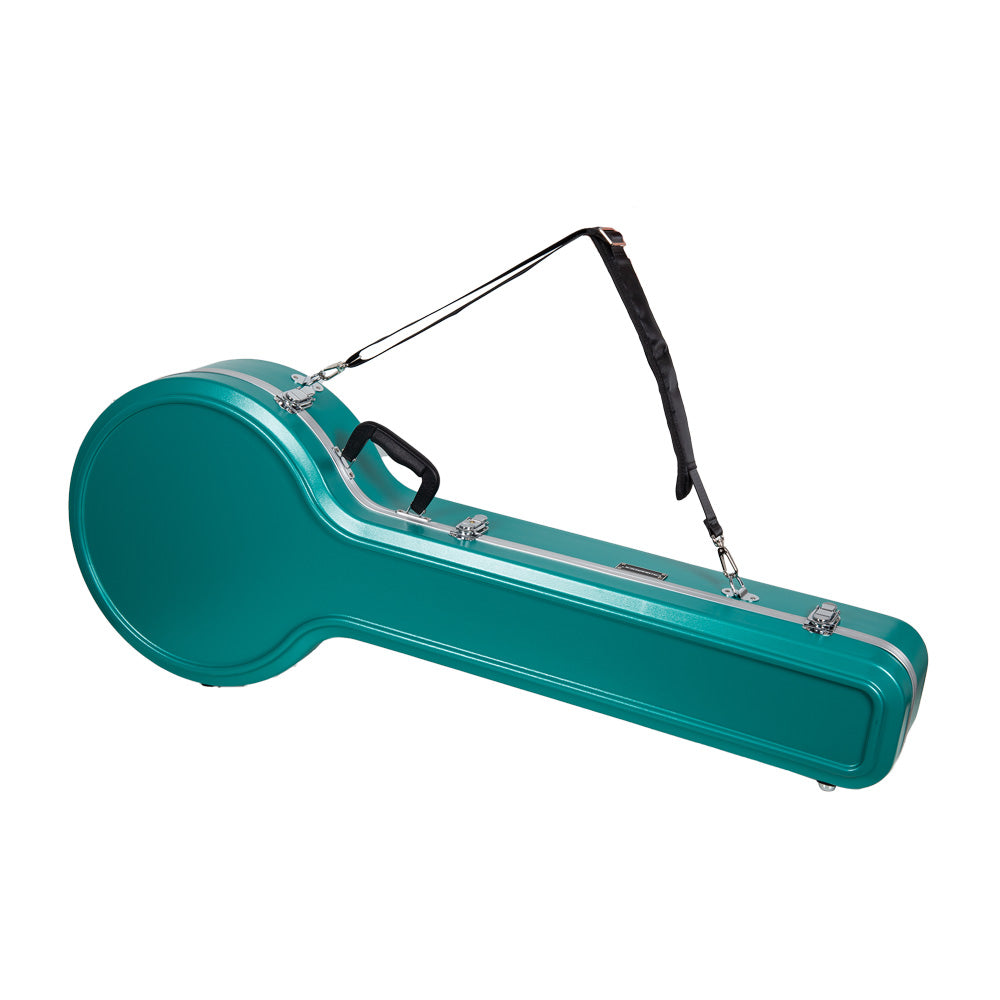 Crossrock CRA861BJMB mint blue banjo case lying closed with a strap attached across the top.