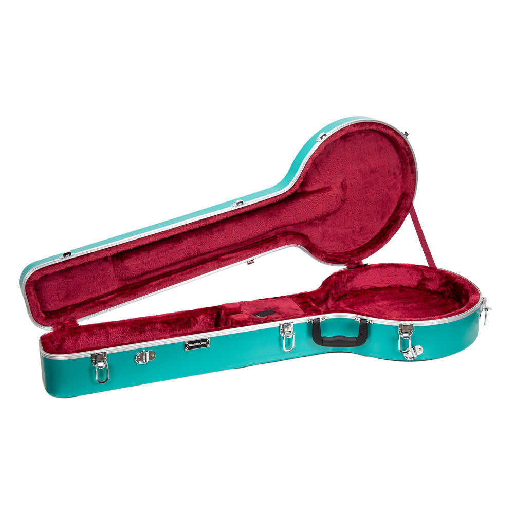 Empty Crossrock CRA861BJMB banjo case open, showing the burgundy plush interior and neck cradle.