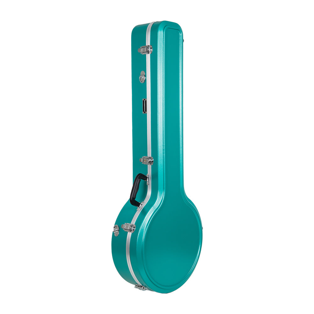 Crossrock CRA861BJMB mint blue ABS banjo case standing upright, closed, with silver trim and side handle.