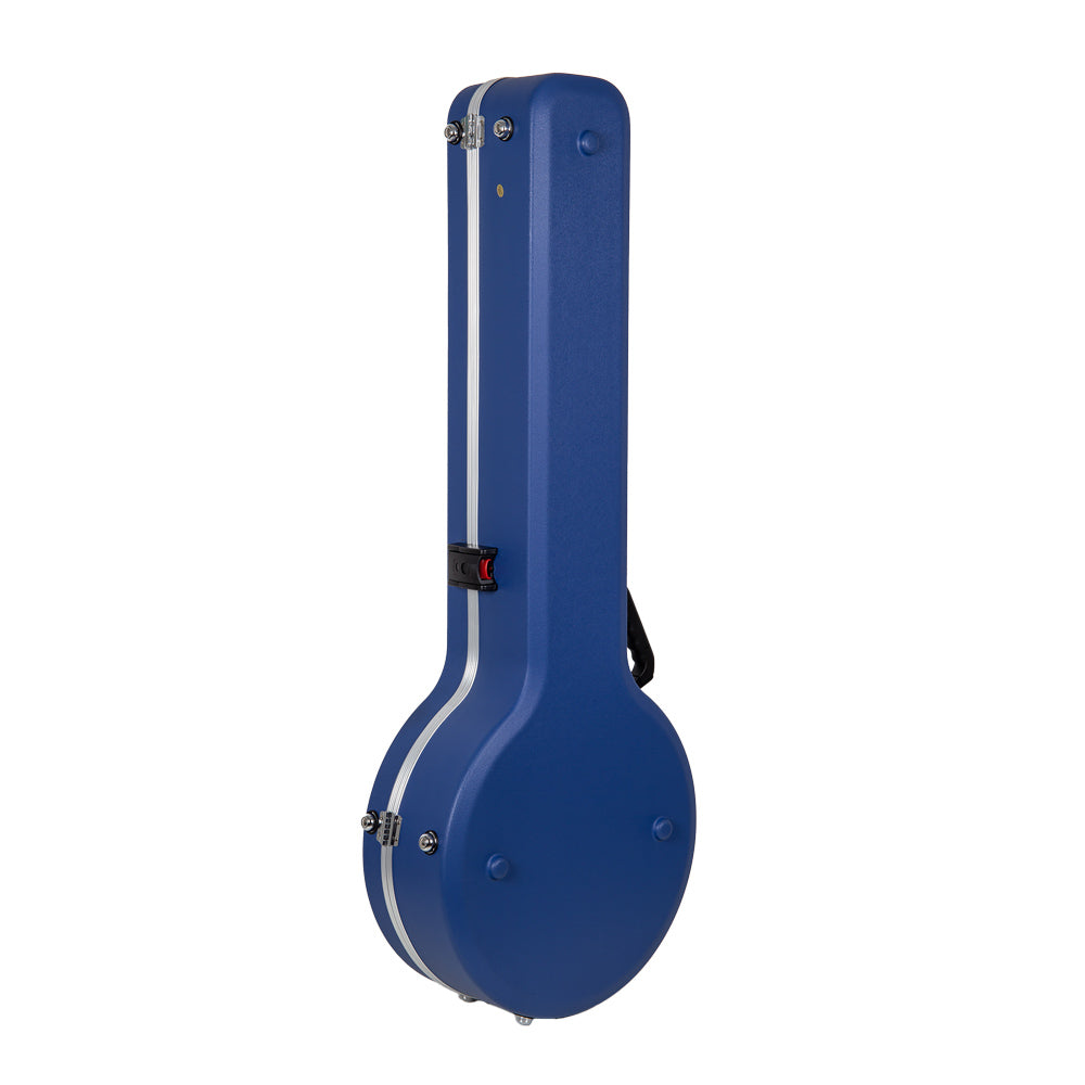 Rear view of the Crossrock CRA980BJVB Vibrant Blue banjo case showing the hinges, protective feet, and TSA lock latch.