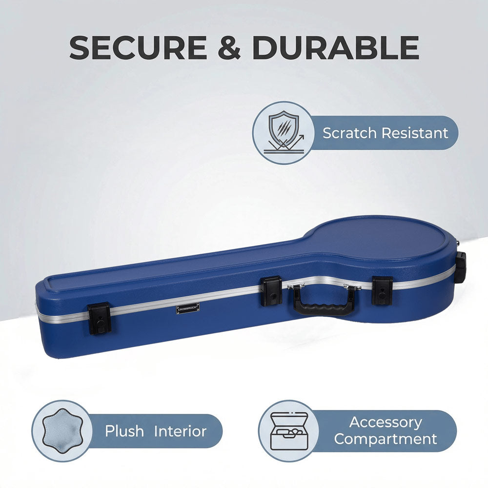 Crossrock CRA980BJVB Vibrant Blue banjo case lying closed, with labels for scratch resistance, plush interior, and accessory compartment.