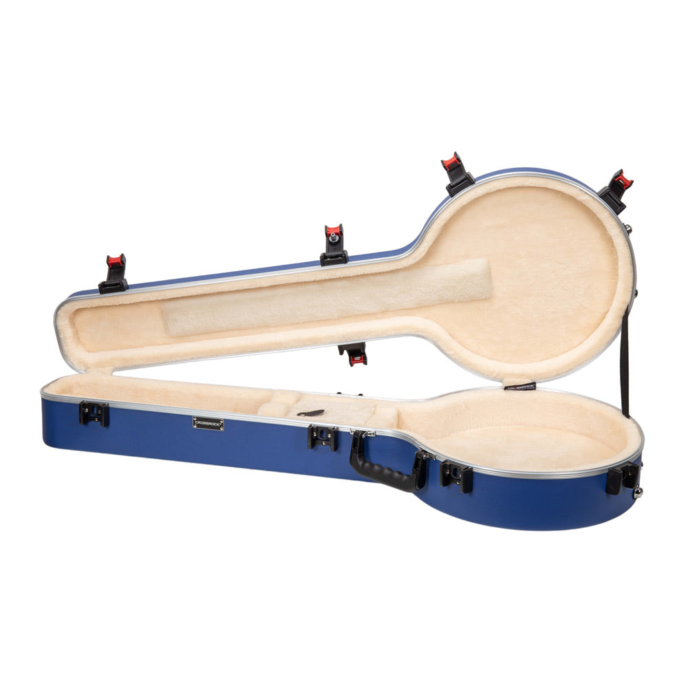 Crossrock CRA980BJVB Vibrant Blue banjo case fully open at an angle, showing the neck cradle and cream plush lining.