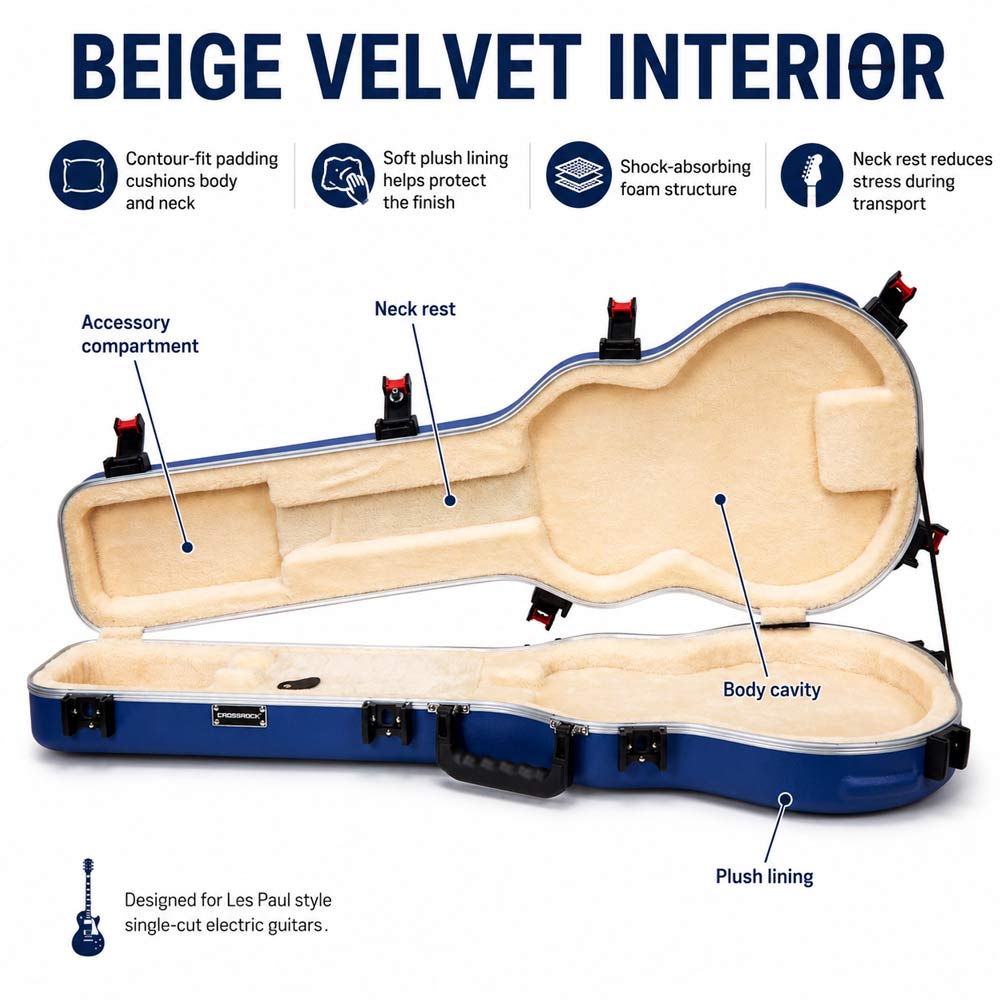 Crossrock CRA980LVB beige velvet interior with the accessory compartment, neck rest, and body cavity labeled.