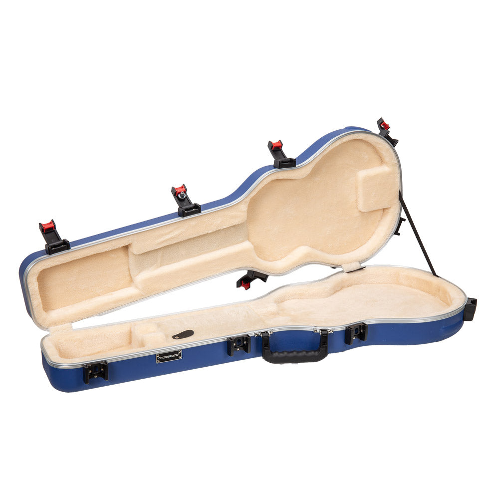Crossrock CRA980LVB Vibrant Blue Les Paul case open and empty, showing the beige plush interior and red-tipped latches.