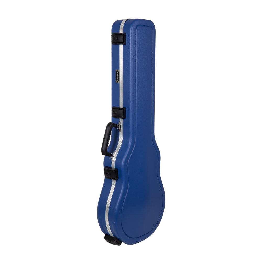 Crossrock CRA980LVB Vibrant Blue ABS Les Paul guitar case standing upright with black latches and handle.