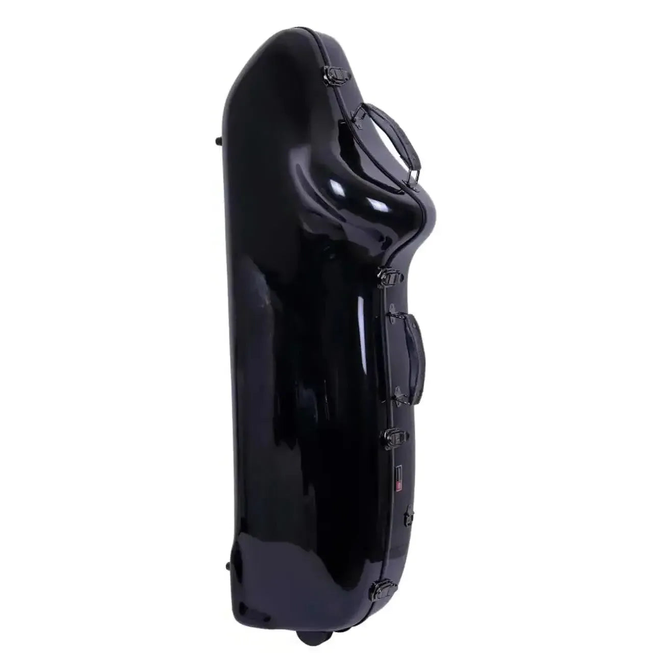 Crossrock black fiberglass hard-shell baritone saxophone case with handles and wheels.