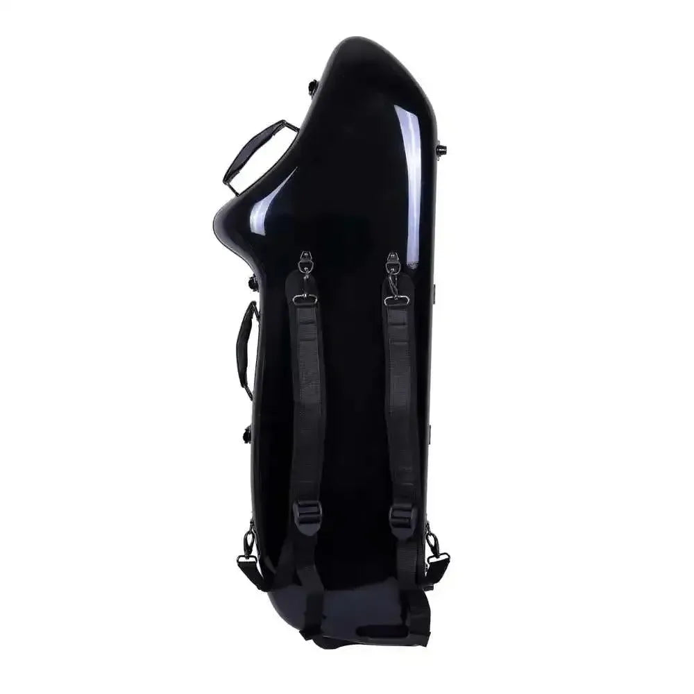 Crossrock black fiberglass baritone saxophone case with backpack straps and handles.