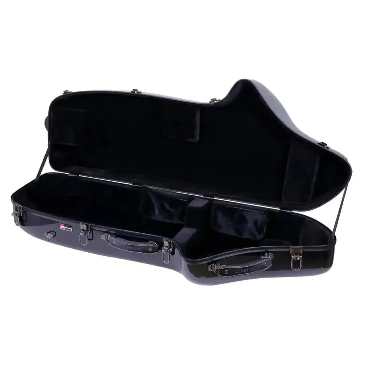 Crossrock black fiberglass baritone saxophone case, open with grey silk-like lining and handles.