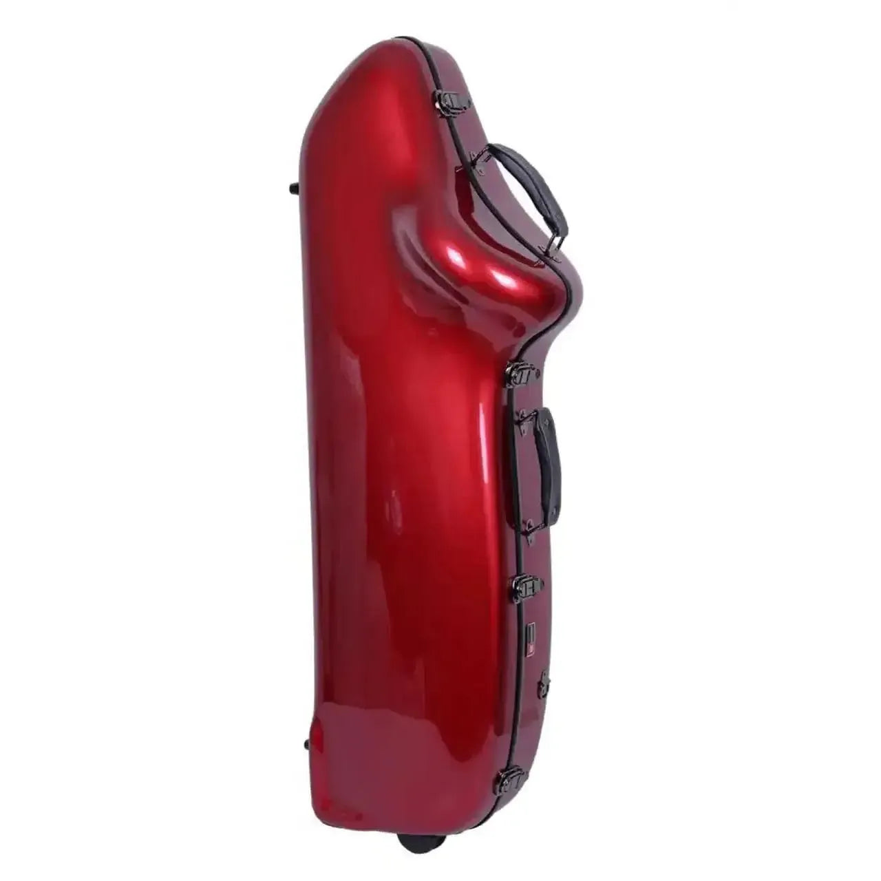 Crossrock CRF1020BS-RD red fiberglass baritone saxophone case with handles and wheels.