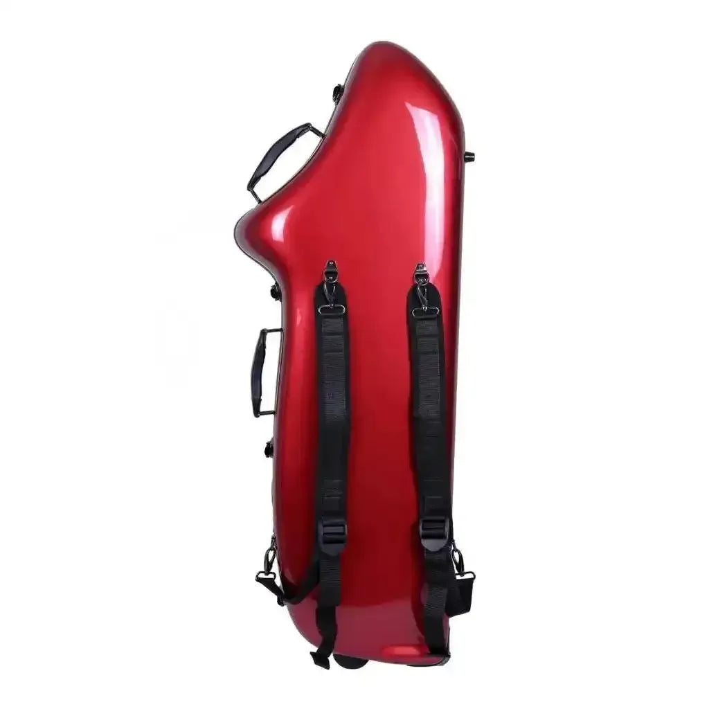 Crossrock CRF1020BS-RD red fiberglass baritone saxophone case with backpack straps.