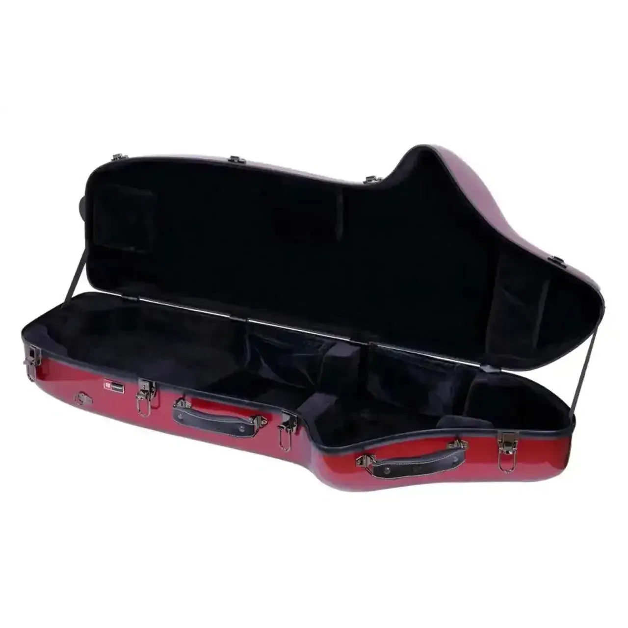Crossrock red fiberglass baritone saxophone case, open with black velvet interior.