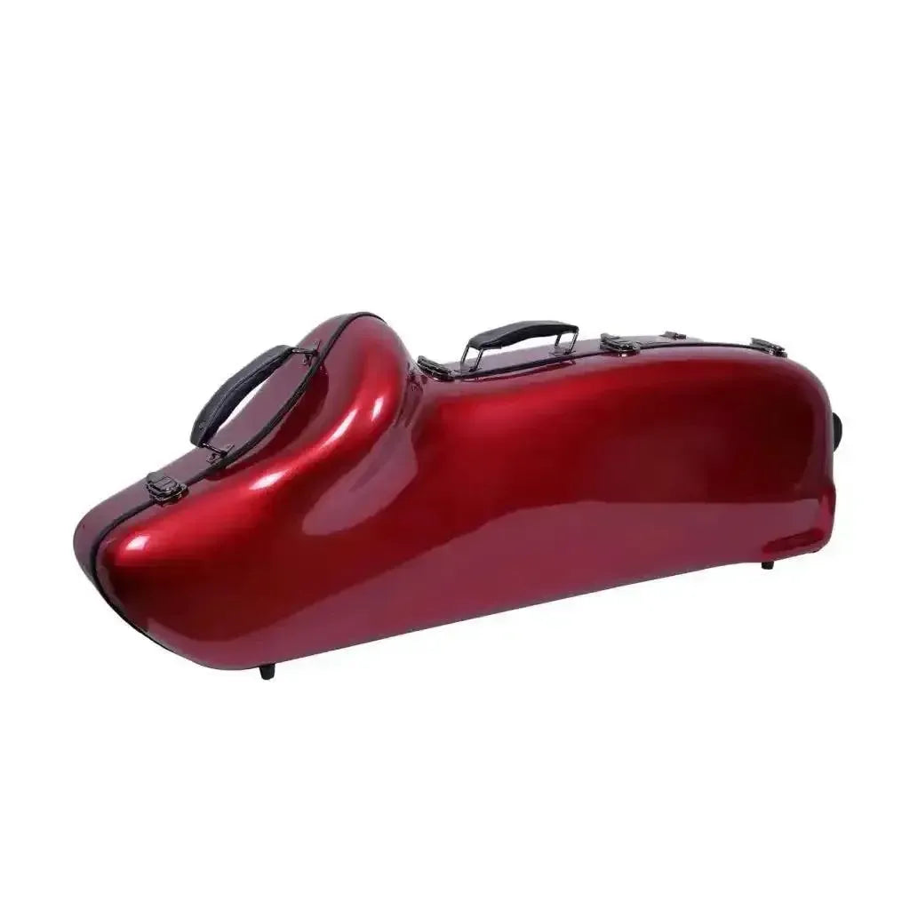 Crossrock CRF1020BS-RD red fiberglass baritone saxophone case with black handles and wheels.
