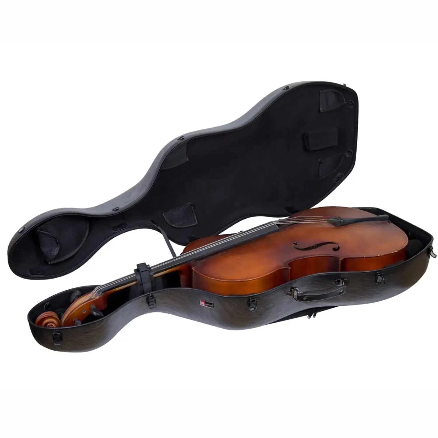 Crossrock CRF1020CEFHT black polycarbonate 4/4 cello case, open with a cello inside.