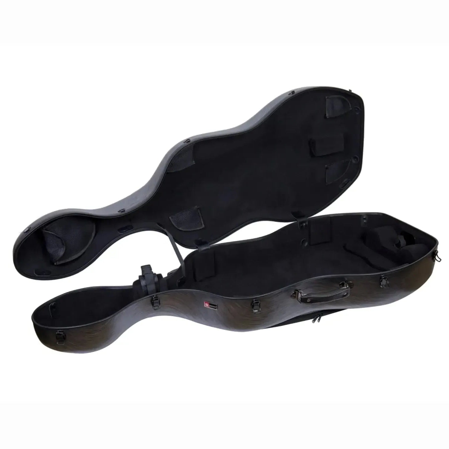 Crossrock CRF1020CEFHT black polycarbonate 4/4 cello case, open with plush interior.