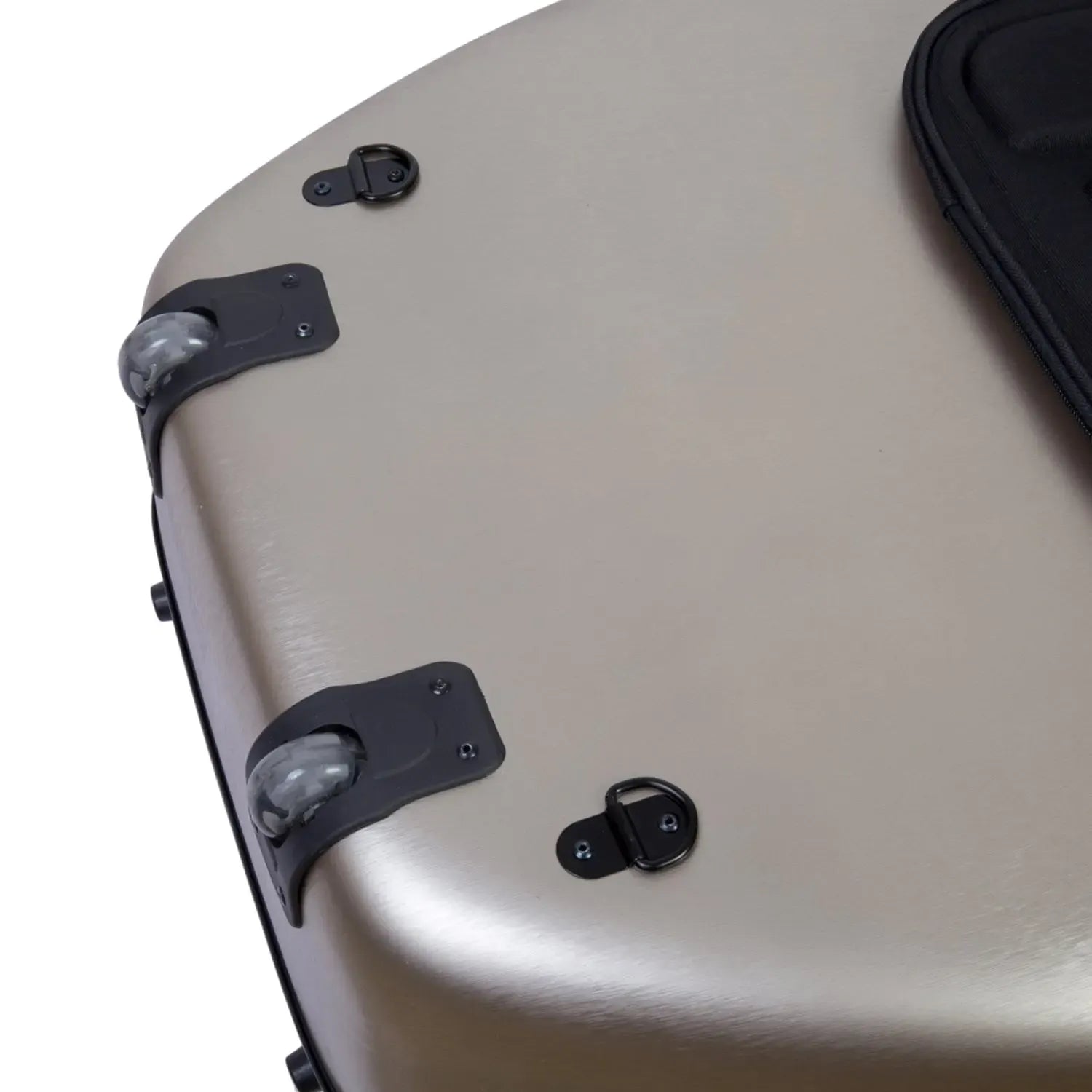 Crossrock CRF1020CEFHT champagne polycarbonate cello case with smooth-rolling wheels and D-rings.