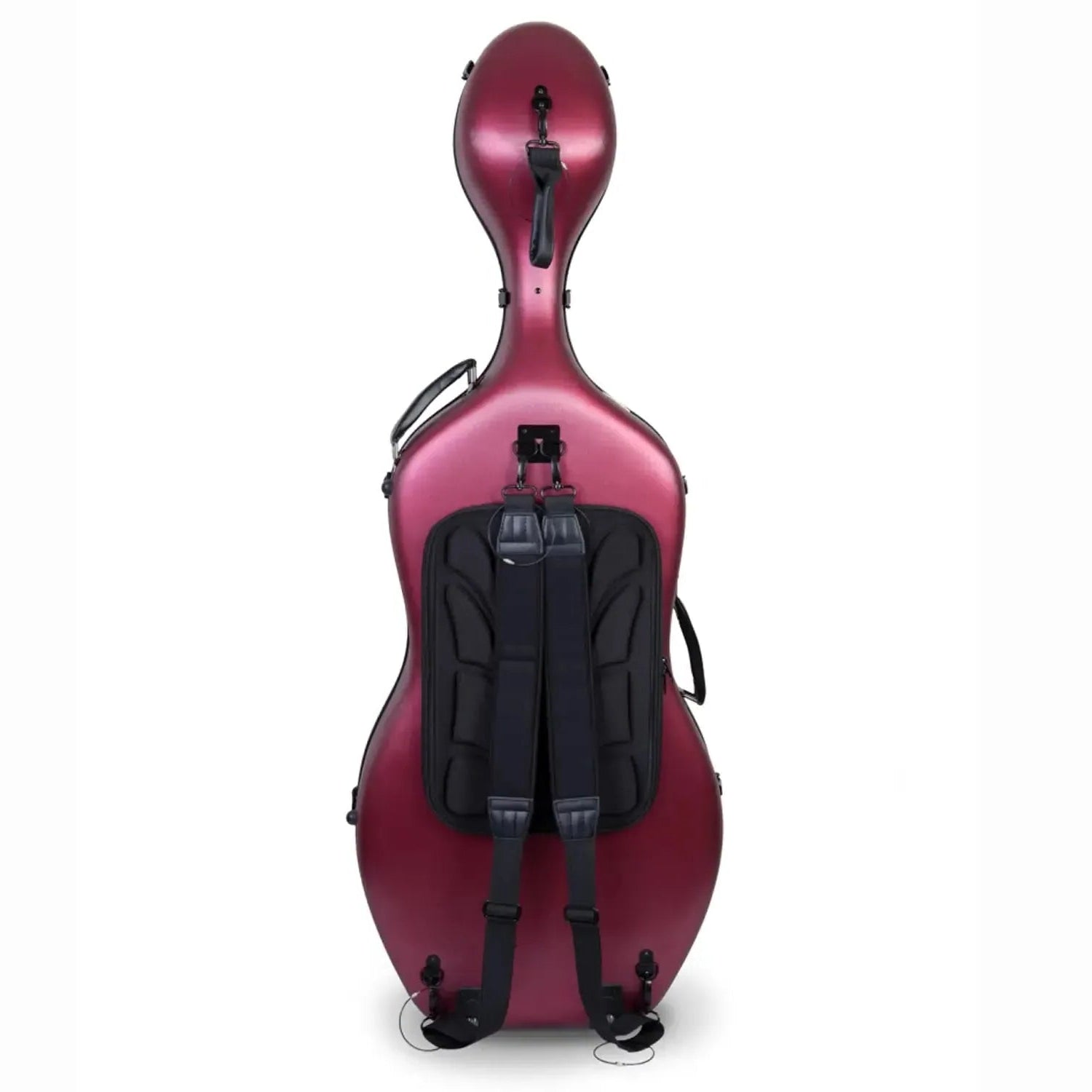 Crossrock CRF1020CEFHT 4/4 cello case in red polycarbonate, with black backpack straps and handles.