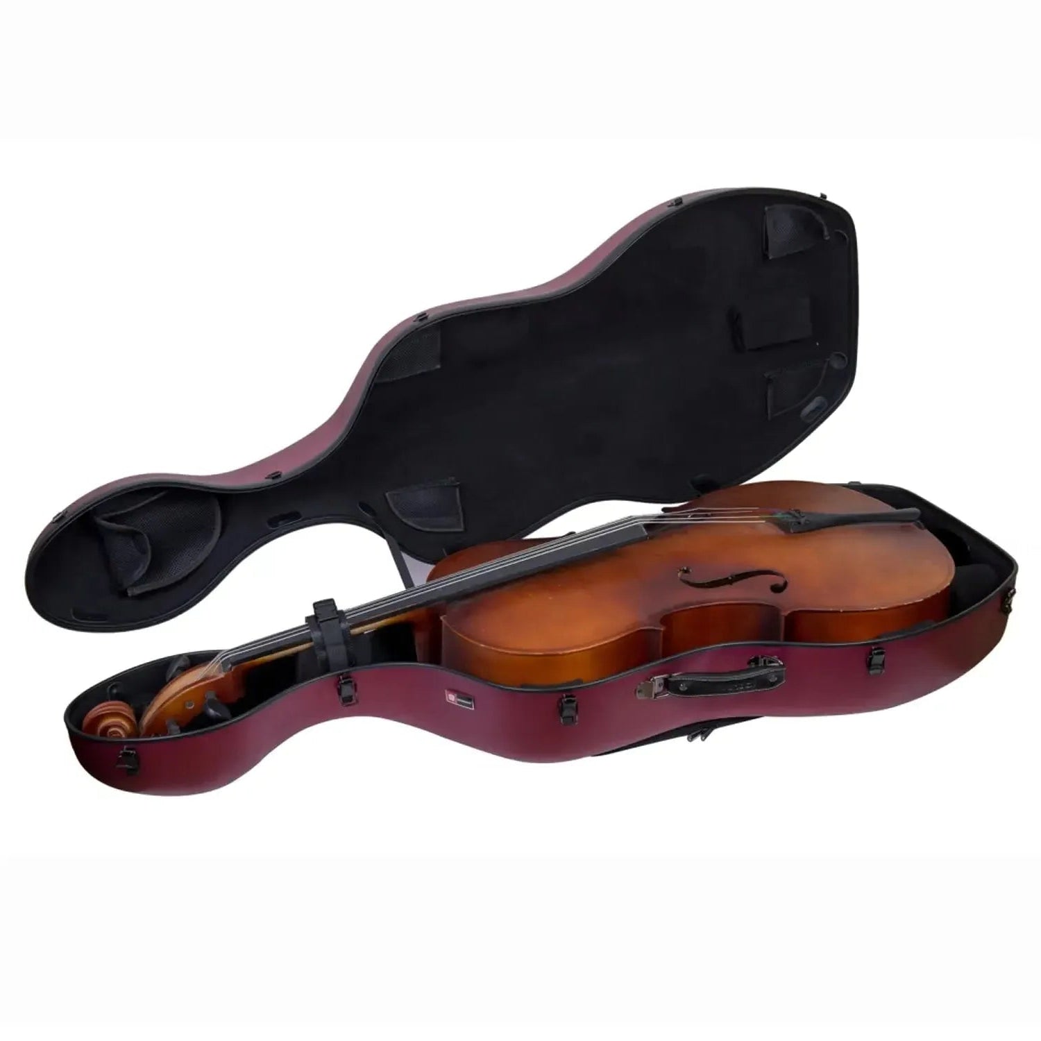 Crossrock CRF1020CEFHT red polycarbonate 4/4 cello case with a cello inside, open on a white background.