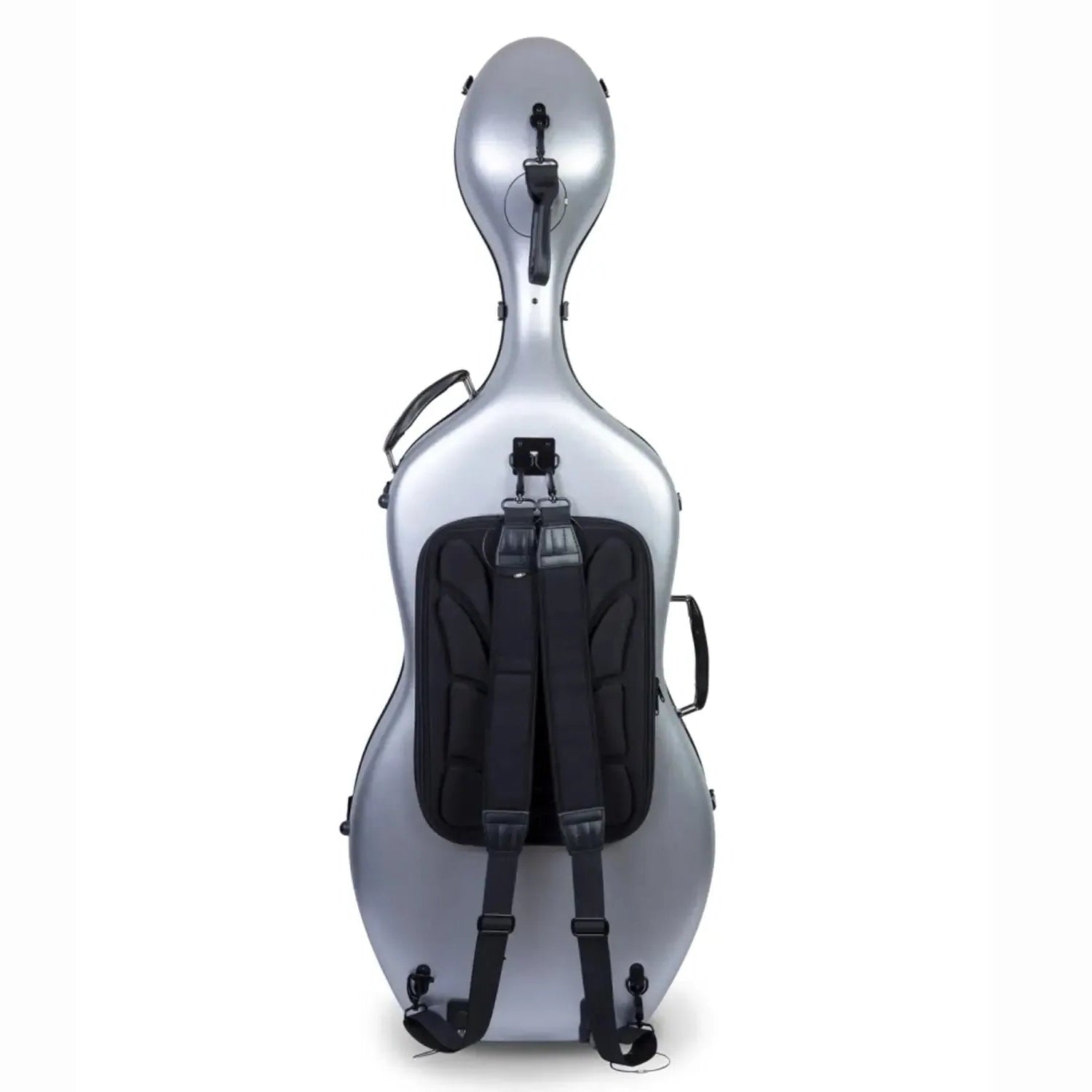 Crossrock CRF1020CEFHT silver polycarbonate 4/4 cello case with backpack straps and handle.