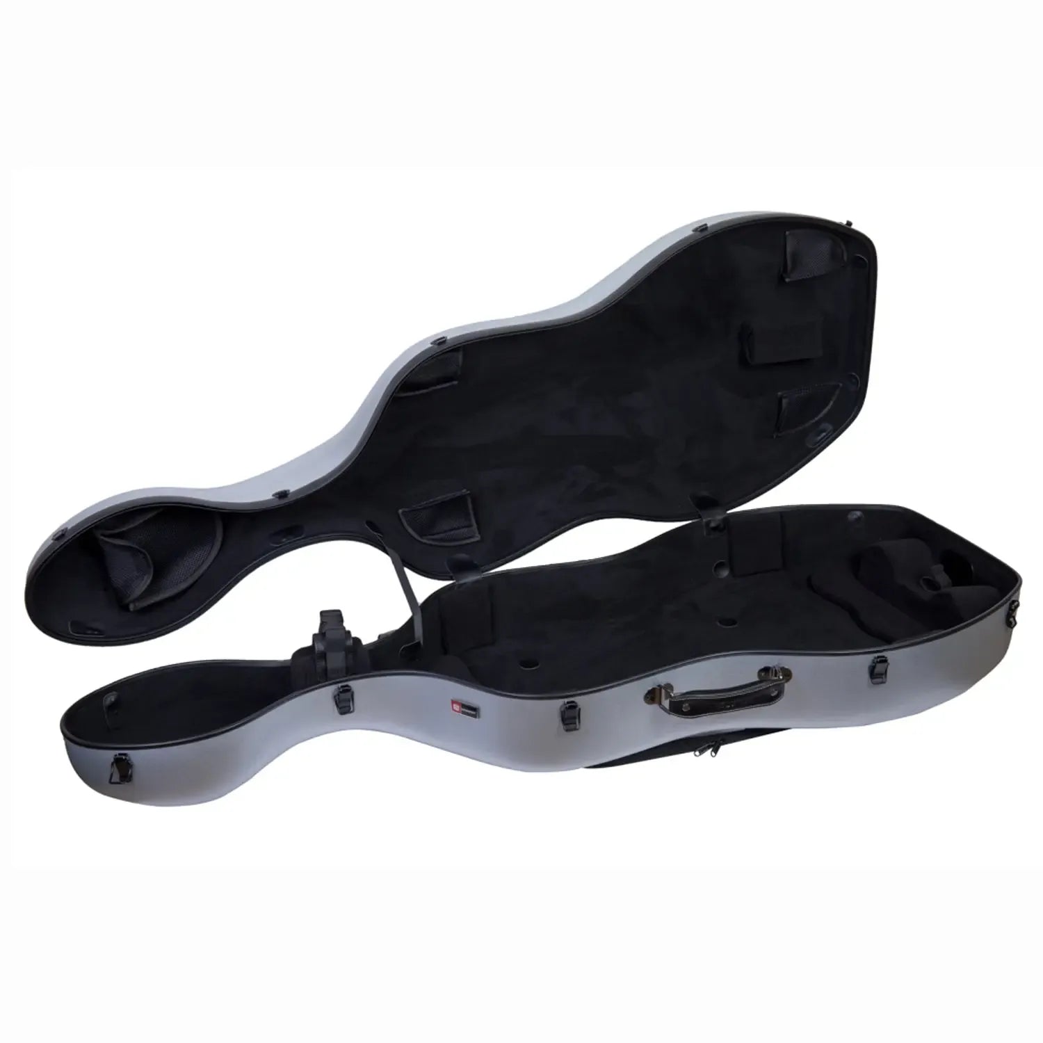 Crossrock CRF1020CEFHT silver polycarbonate 4/4 cello case, open with black interior.