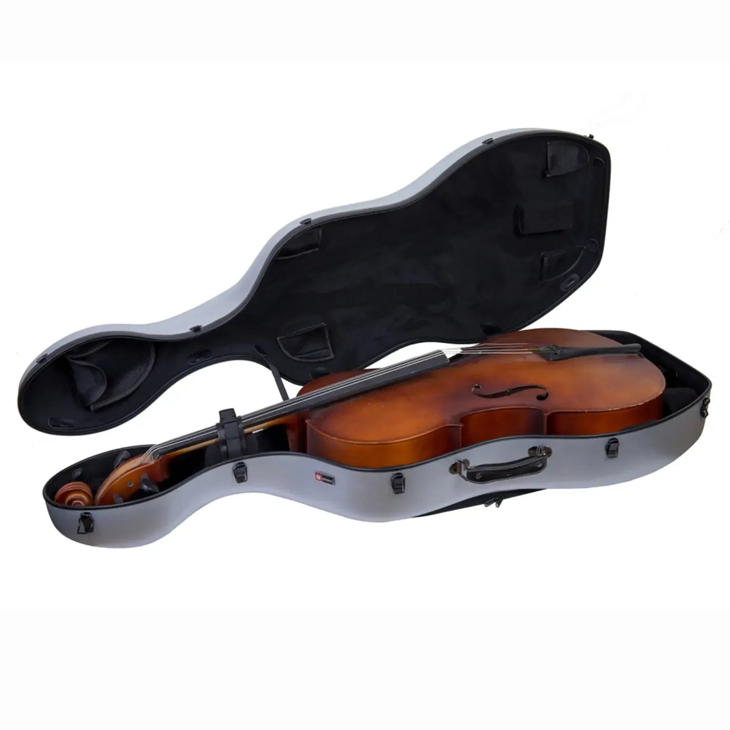 Crossrock CRF1020CEFHT silver polycarbonate 4/4 cello case open with a cello inside.