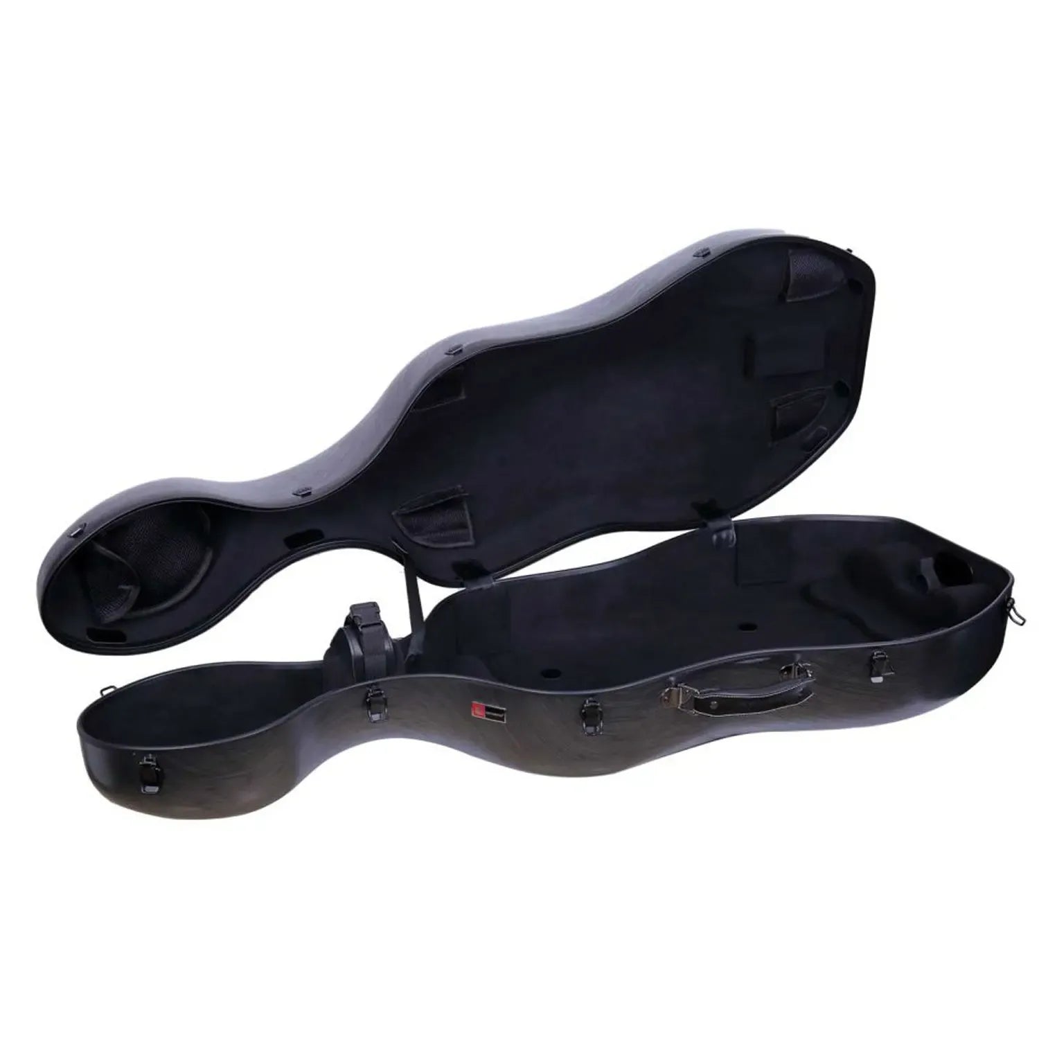 Crossrock CRF1020CET-HT 3/4 cello case, black polycarbonate hardshell, open with interior visible.