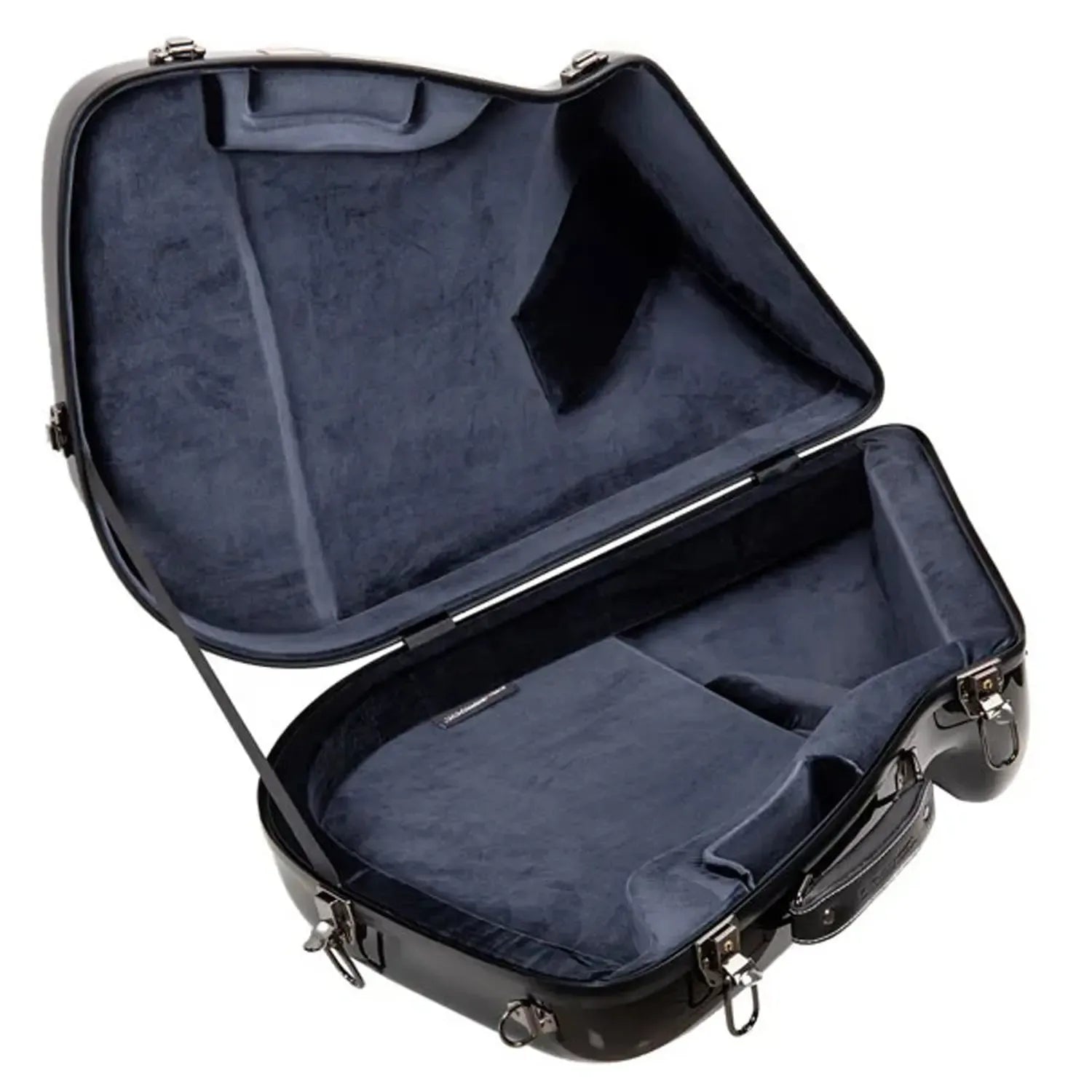 Crossrock CRF1020FHU black glossy fiberglass French horn case, open with dark grey plush interior.