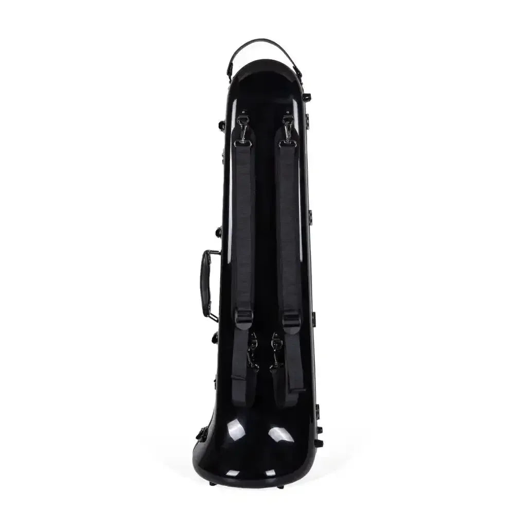 Crossrock black fiberglass tenor trombone case with backpack straps and handles.