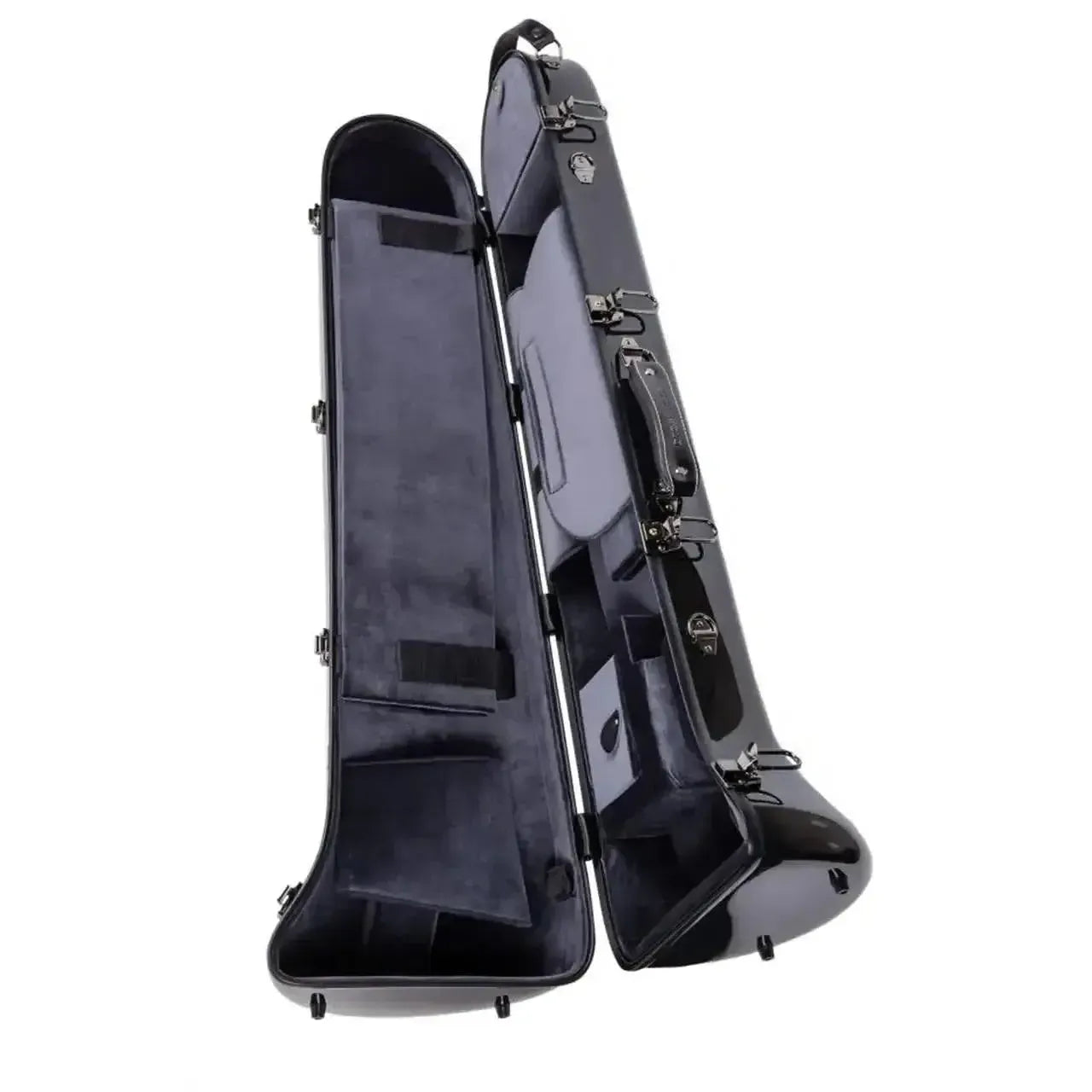 Crossrock CRF1020TB-BK black fiberglass tenor trombone case, open with plush gray interior.