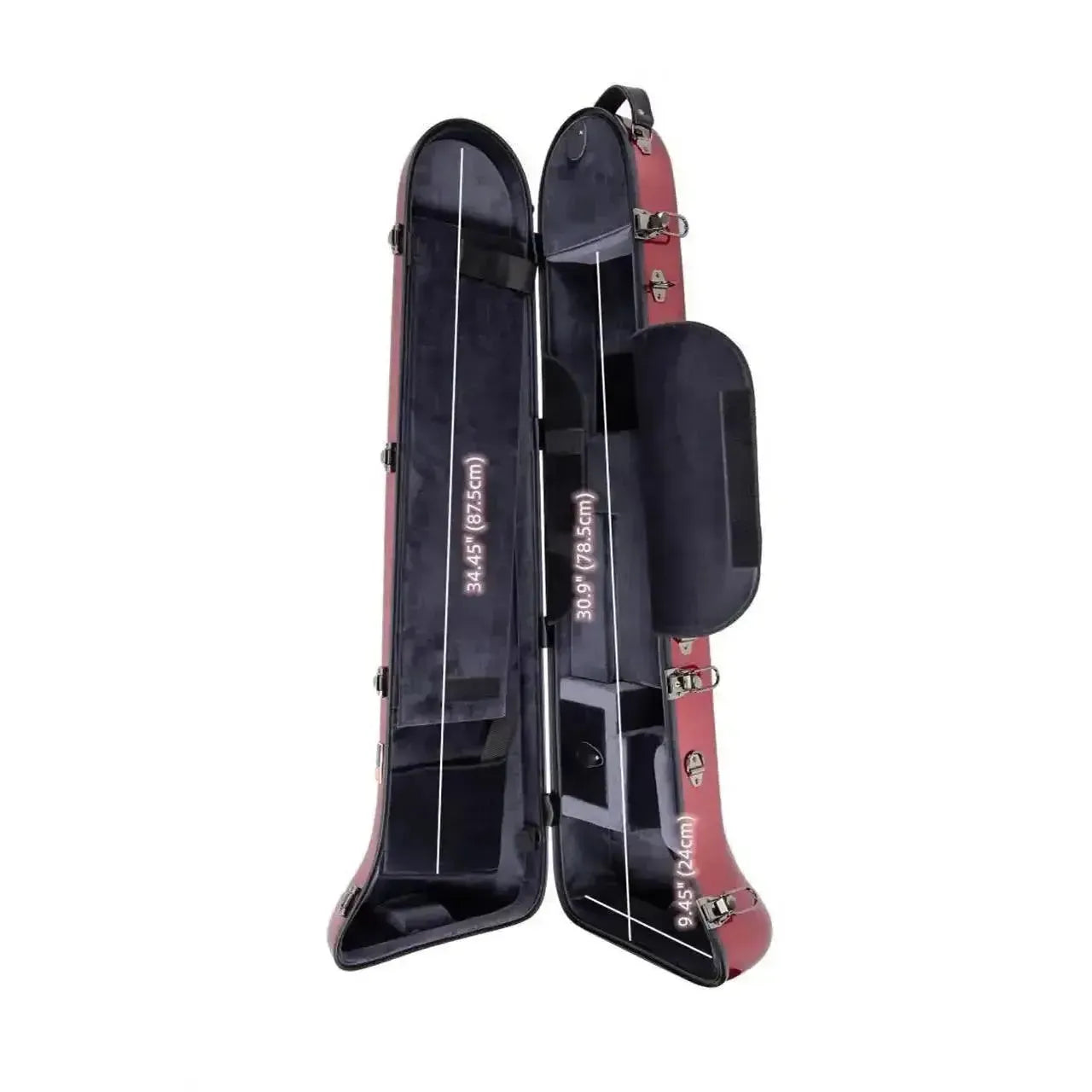 Crossrock CRF1020TB-BL blue fiberglass tenor trombone case, open to show plush interior and compartments.