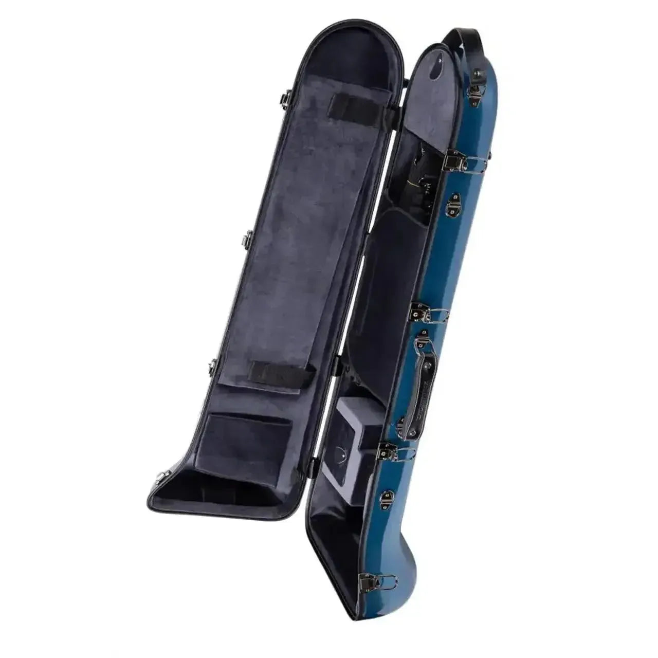 Crossrock blue fiberglass tenor trombone case, open with plush interior, handles, and accessory compartments.