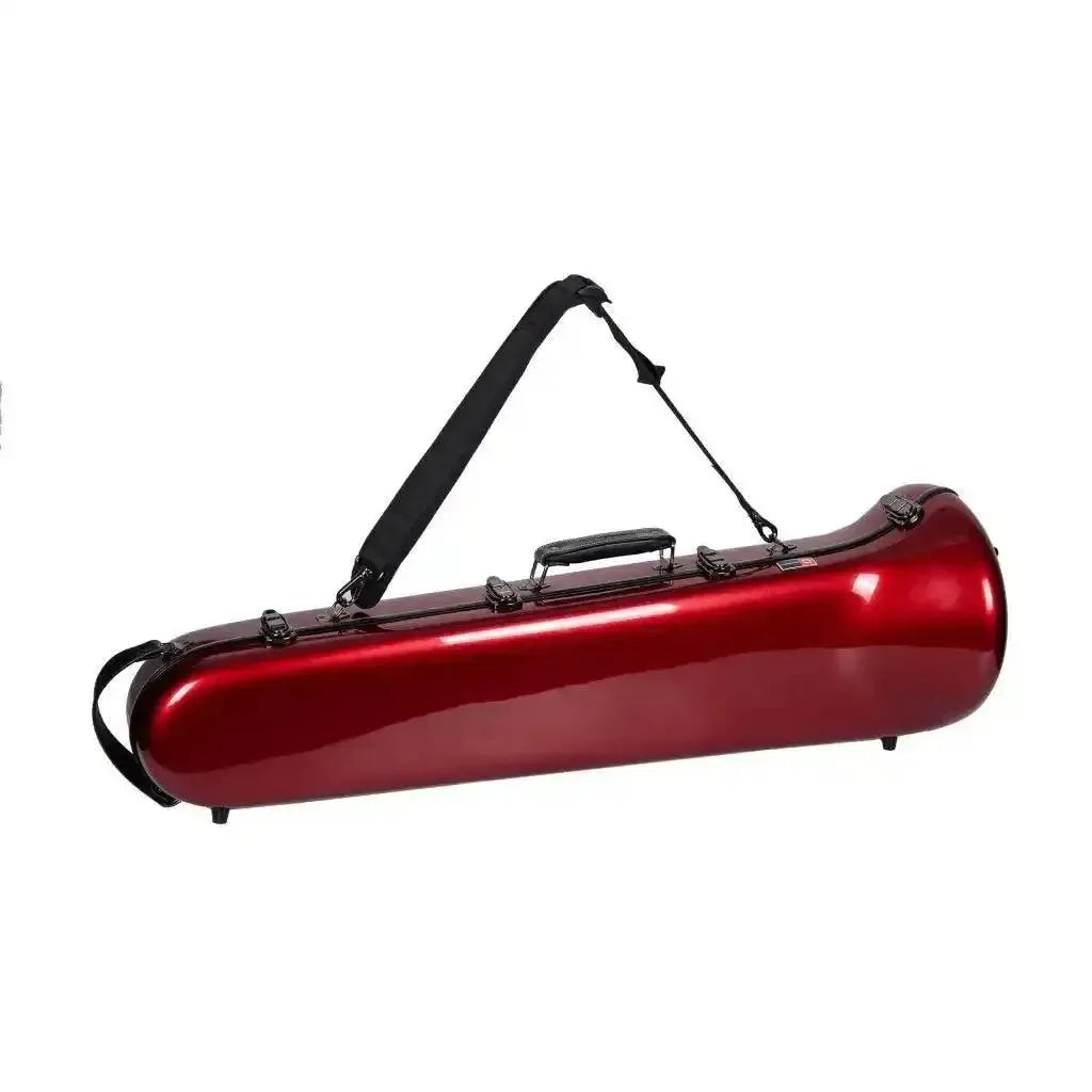 Crossrock red fiberglass tenor trombone case with shoulder strap and handles.