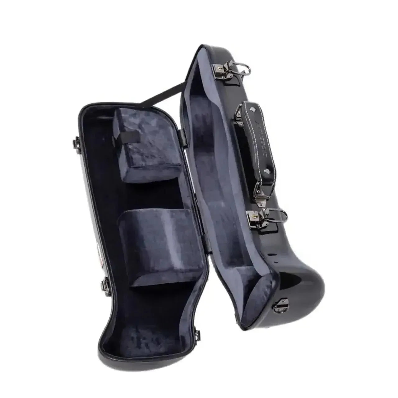 Crossrock black fiberglass trumpet case with grey interior lining, open to show instrument compartment and accessory storage.