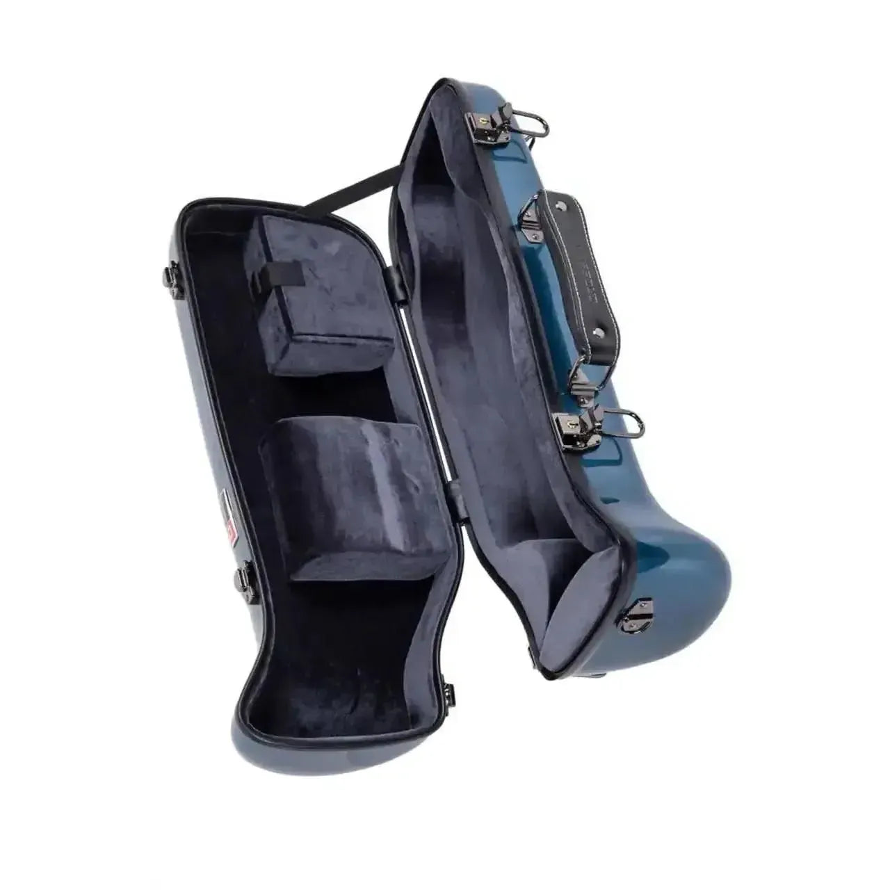 Crossrock CRF1020TR-BL blue fiberglass trumpet case, open with grey plush interior and accessory compartments.