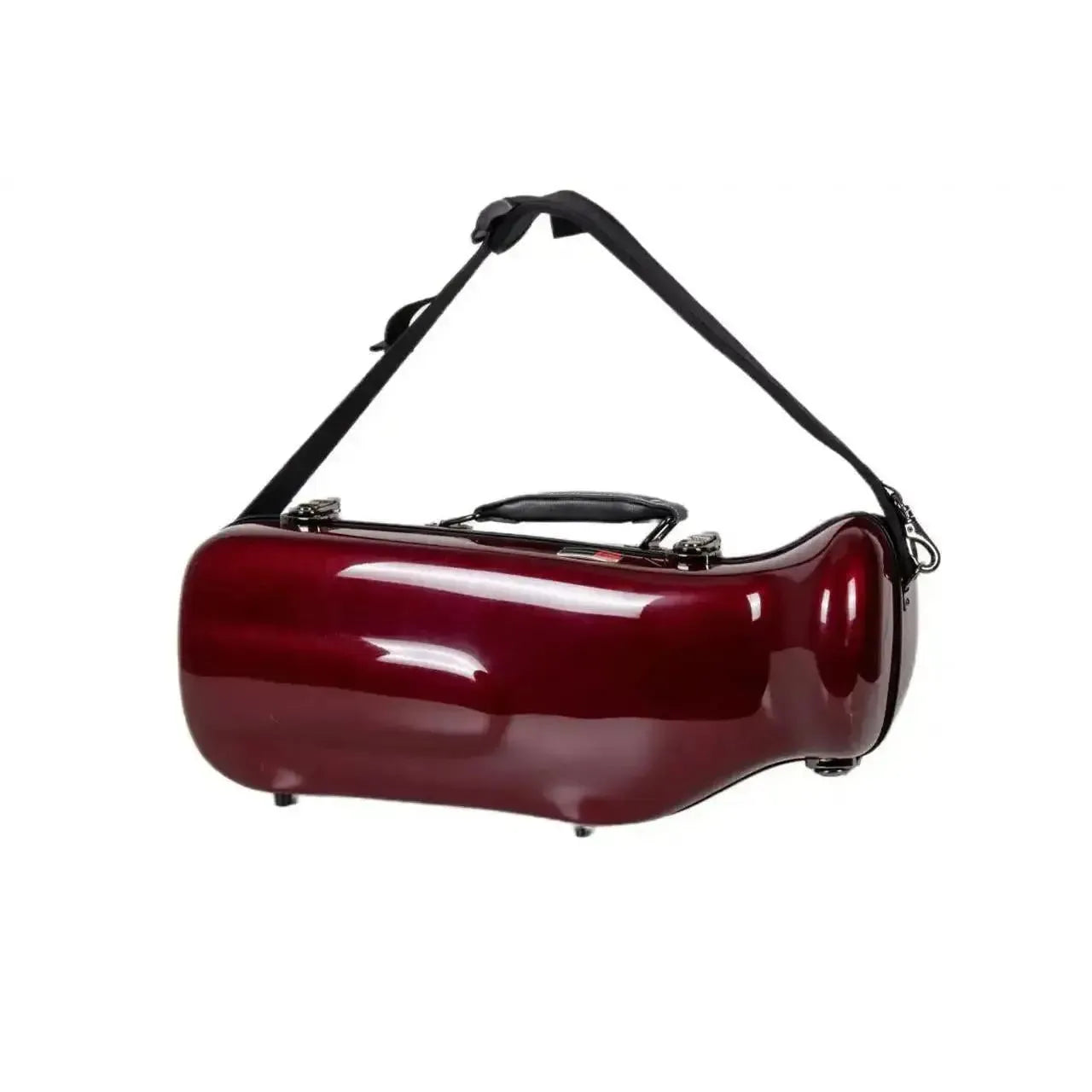 Crossrock CRF1020TR-RD red fiberglass trumpet case with shoulder strap and TSA lock.