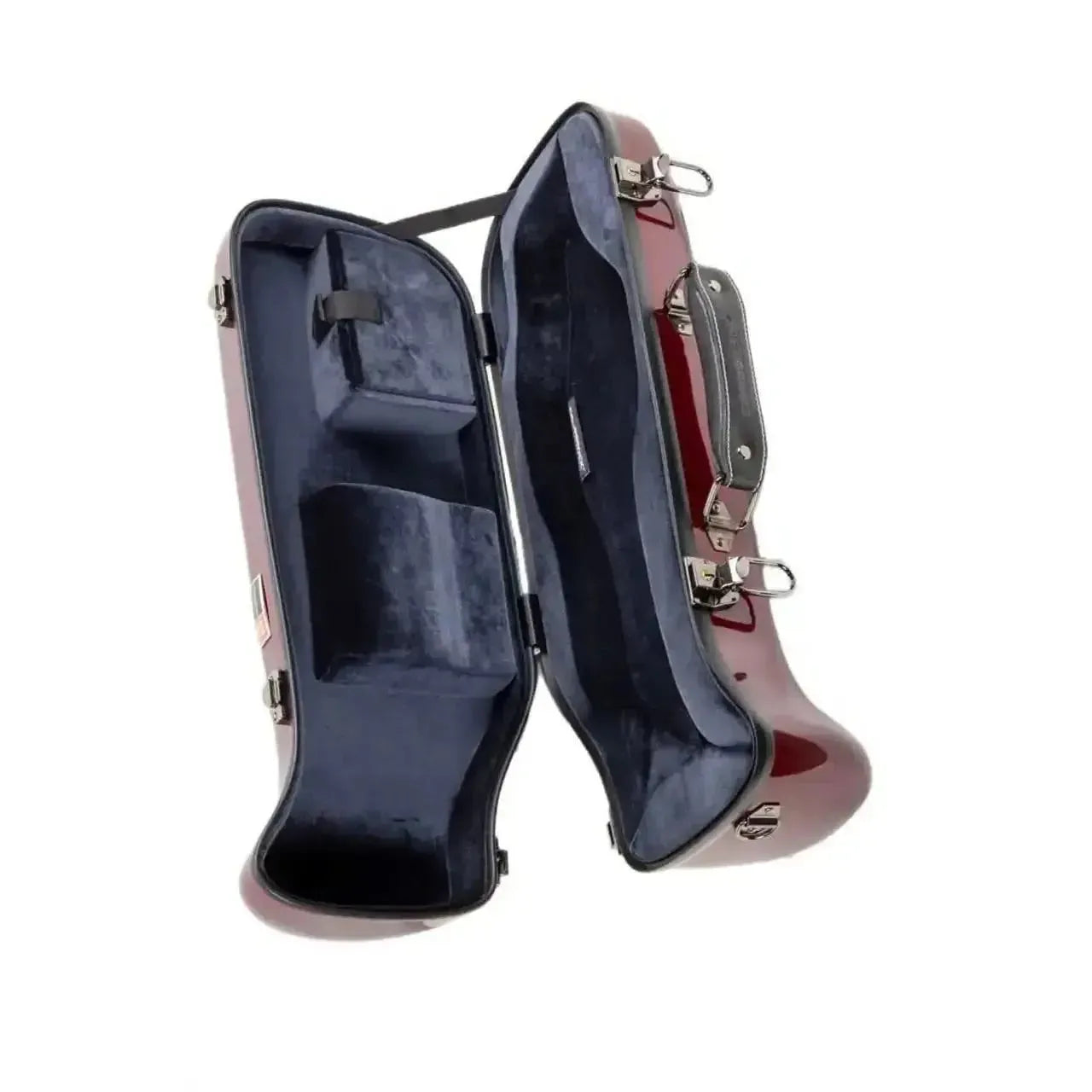 Crossrock CRF1020TR-RD red fiberglass trumpet case, open to show grey interior and accessory compartment.