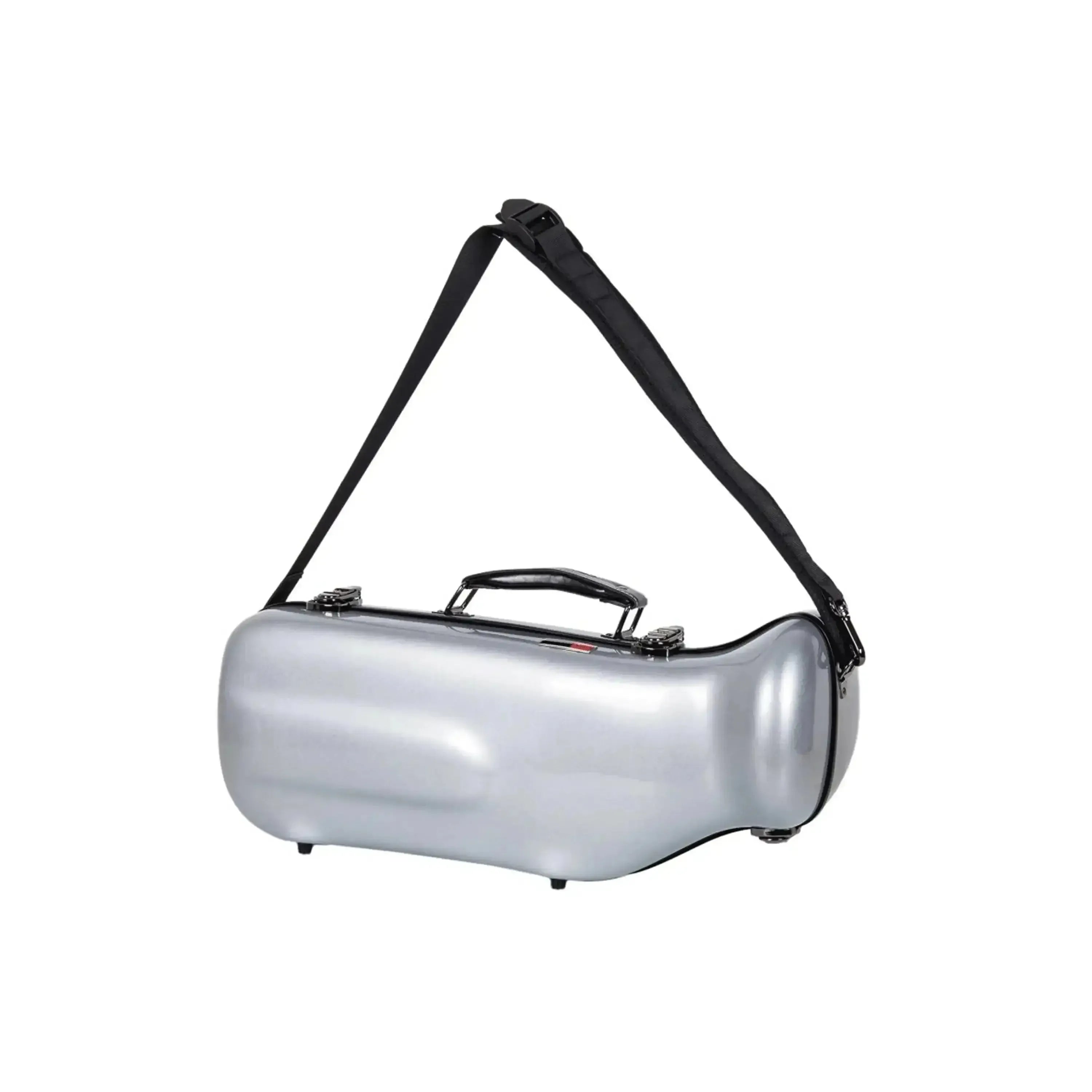 Crossrock silver fiberglass trumpet case with black strap and TSA lock.