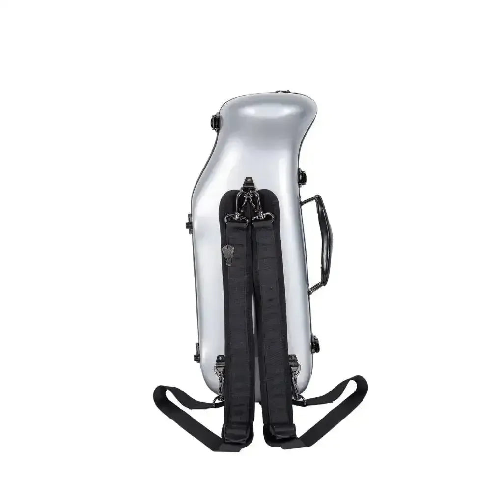 Crossrock silver fiberglass trumpet case with black backpack straps and handle.