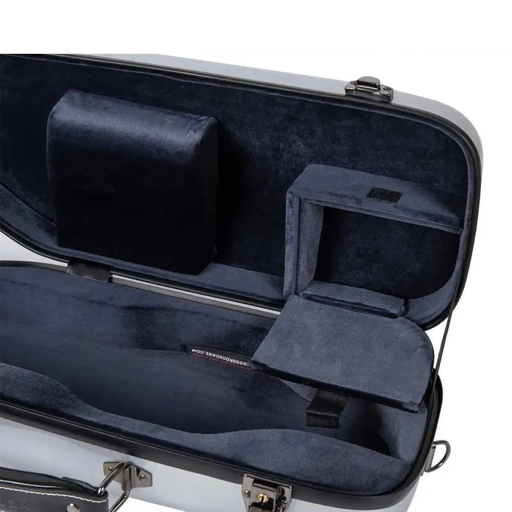 Open Crossrock silver fiberglass trumpet case with soft grey lining and accessory compartment.