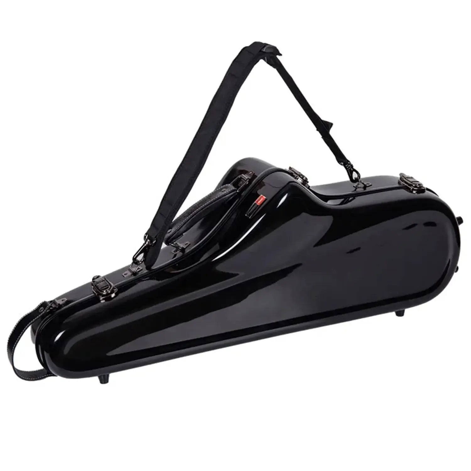 Crossrock CRF1020TS black glossy fiberglass tenor saxophone case with shoulder strap.