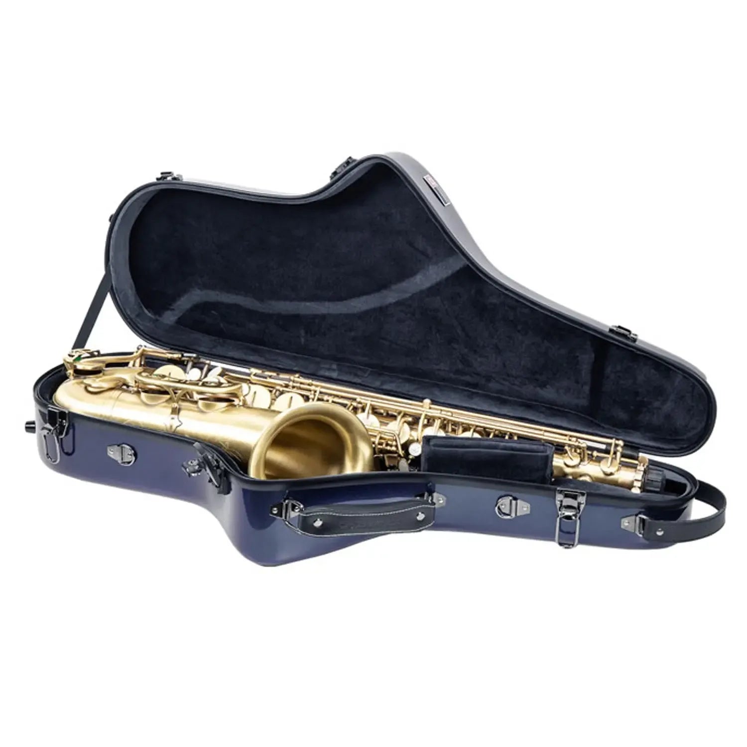 Crossrock CRF1020TS fiberglass tenor saxophone case in Illusion-Blue with a gold saxophone inside.